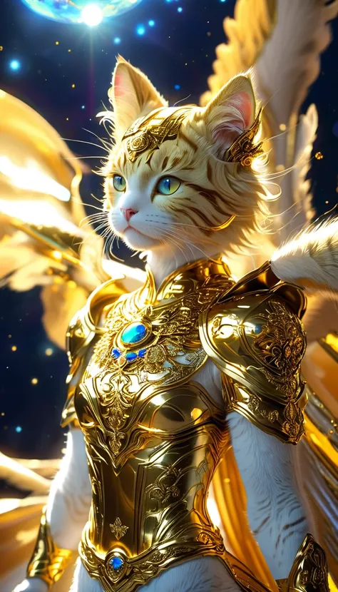 ((8K)), Highest quality, 超high resolution, (high resolution),A cat dressed in the Gold Saint outfit from the Saint Seiya anime., Floating in the vast space. The cat&#39;s armor shone brightly., reflecting the stars around