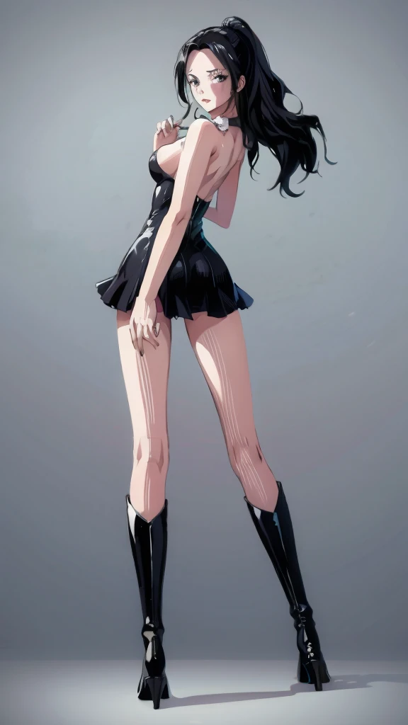 1girl, solo, boots, eyewear on head, black hair, dress, high heels, sunglasses, short dress, long hair, looking back, breasts, ponytail, nico robin, legs，medium_breasts，sideboob