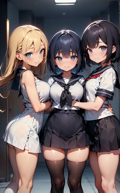 (Cute eyes:1.2), (Sparkling eyes:1.2),(Beautiful Eyes:1.2), Highest quality,wonderful,finely,Highly detailed CG Unity 8k wallpaper, (The three of them lined up and hugged:1.2),(Three people with different heights:1.5), (Three Girls, Sailor suit, Skinny bod...