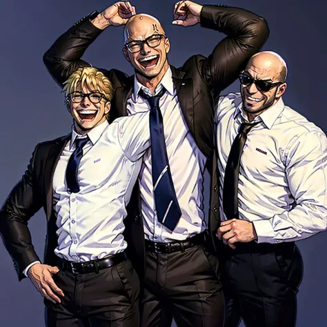 anime, handsome muscular blonde man wearing glasses and a white shirt and brown tie,  laughing, brushing,hands above head and he...