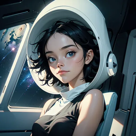 A young girl stands by the window of her spaceship, dressed in a white tank top and black knit shorts, holding a coffee cup. She gazes out at the vastness of the universe with a serene and contemplative expression. The interior of the spaceship is designed...