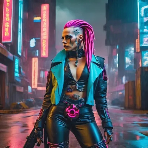 Beautiful girl in cyberpunk style, neon blue and pink hair with dreadlocks in a blue leather outfit. A girl up to her shoulders, a background full of signs and motorcycles falling on the city..Отбрасывание резких теней, неоновые огни создают яркий контраст...