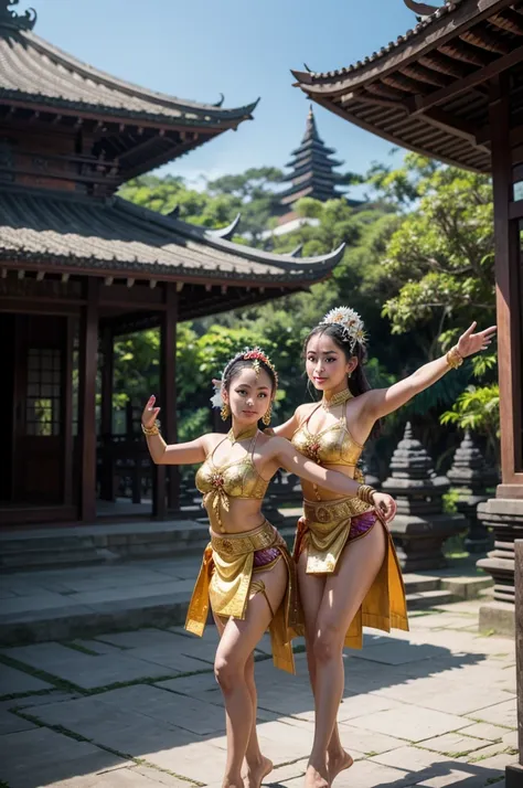 Beautiful Balinese dancers in traditional Balinese clothing, temple and temple background