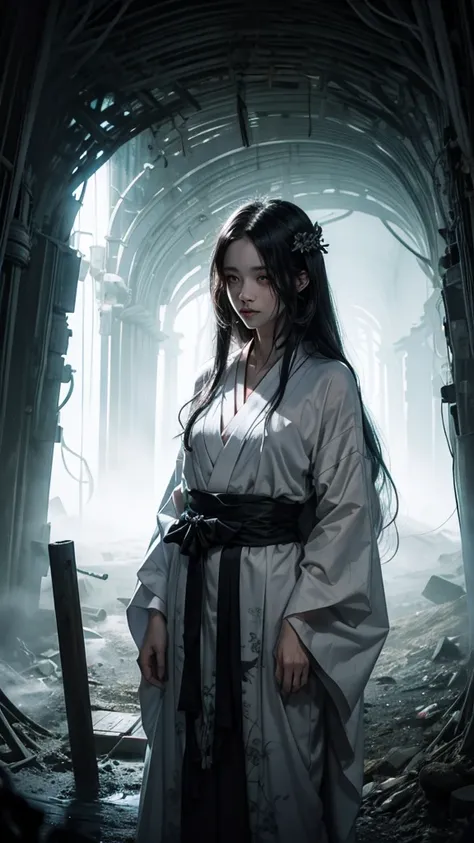 A skeleton in a white kimono with long hair, standing inside a dark, foggy tunnel. The skeletons body is facing away into the depths of the tunnel, but its head and face are turned towards the viewer, creating an eerie and haunting pose.
