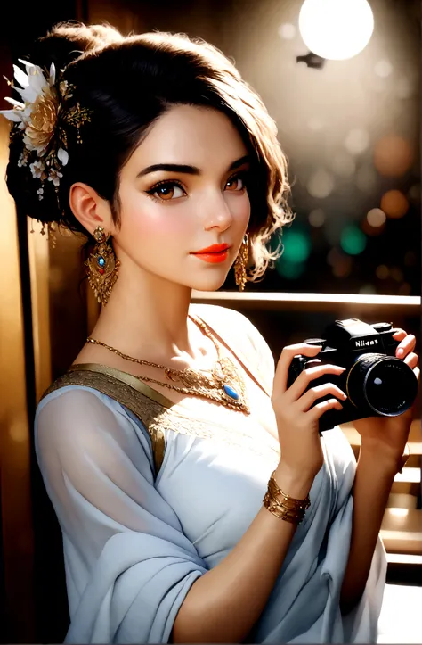 In this photograph, an Indian Instagram female model in her mid-20s takes center stage. (highly detailed face:1.4) (smile:0.7) (background 5-star hotel, moody, private study:1.0V, by Lee Jeffries, Nikon D850, film stock photograph, 4 Kodak Portra 400, came...