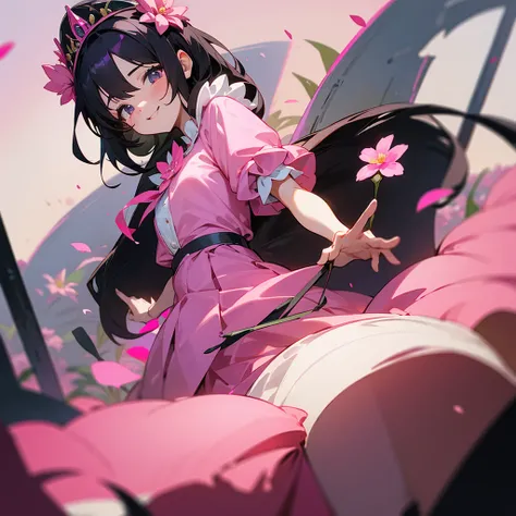 Cute two-armed , with pink flared skirt and pink blouse, black-haired with a flower tiara, in the garden alone and happy