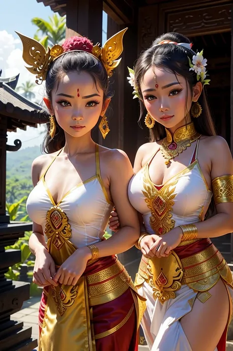 Beautiful Balinese dancers in traditional Balinese clothing, temple and temple background