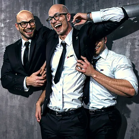 handsome muscular blonde man wearing glasses and a white shirt and brown tie,  laughing, brushing,hands above head in handcuffs,...