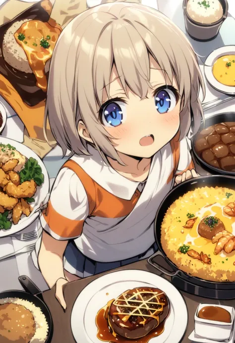 girl,Ten years old、 cute, short hair, Big blue eyes, One-plate lunchをおいしそうに食べる、((One-plate lunch、Hamburg steak with melted cheese、Fried Shrimp、A small flag stuck in chicken rice、))Pudding、