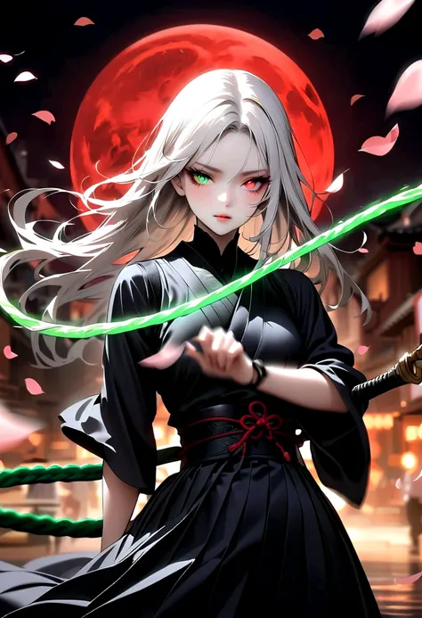 (((Japanese Anime:1.37))).1 Girl, Beautiful and delicate eyes, (((Heterochromia)))，Beautiful and delicate lips, Extremely detailed eyes and face, Long eyelashes, Elegant Posture, White long hair, Black pleated skirt, (((Glowing Green Whip：1.37))), (((Motio...