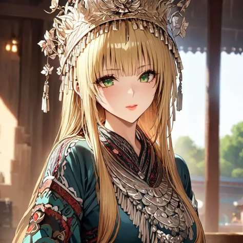 ((Highest quality)), ((masterpiece)), (detailed), （Perfect Face）、The woman is a Tier, with green eyes, medium blonde hair, ethnic medicine and a gorgeous hat.