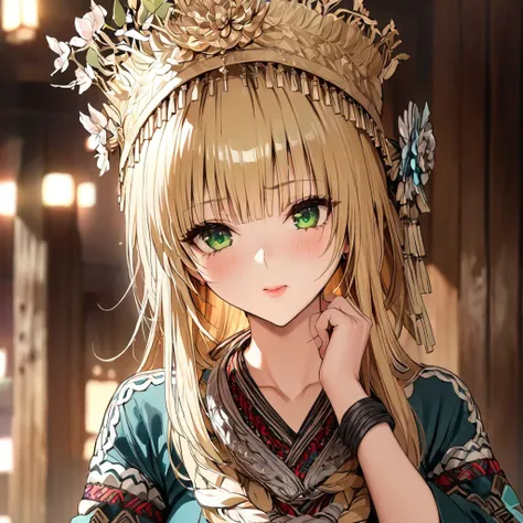 ((Highest quality)), ((masterpiece)), (detailed), （Perfect Face）、The woman is a Tier, with green eyes, medium blonde hair, ethnic medicine and a gorgeous hat.