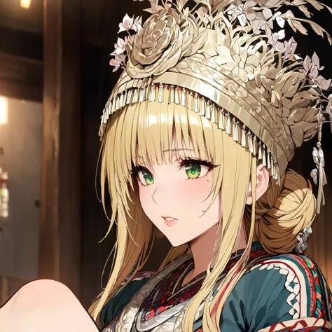 ((Highest quality)), ((masterpiece)), (detailed), （Perfect Face）、The woman is a Tier, with green eyes, medium blonde hair, ethnic medicine and a gorgeous hat.