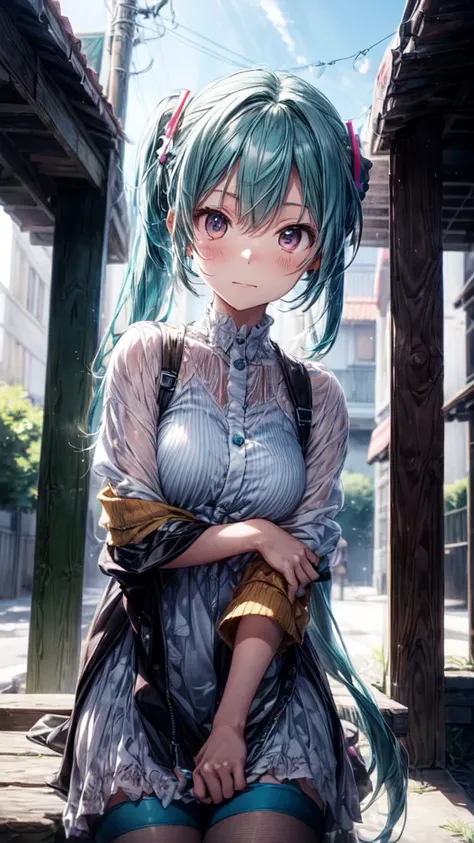 
The background is in the style of Makoto Shinkai, with the viewer sitting in nature under a clear blue sky.。

Hatsune Miku in a shoulder-baring dress。

The color of the dress is white。

A sexy, mature atmosphere reminiscent of Minato Ward girls。

Hair is ...