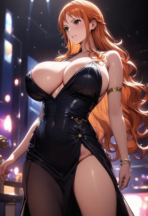 masterpiece, best quality), intricate details, 1 girl, woman, orange hair, nami  (one piece), (long hair), clothes, wearing evening dress, luxury nightclub, scenery, ((front view)) ((close up shot)) ((solo)), detailed, very high resolution, no blurry image...