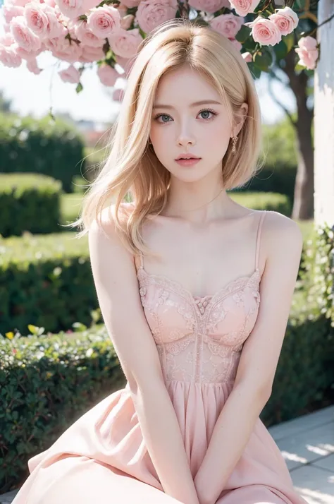 8K, RAW photos, Fujifilm, Fashion photo of a beautiful young woman Avril Lavigne in a light pink rose garden (Very delicate skin: 1.2) Style - Petal BREAK Short Hair, Blonde, Wearing a dress, Film granulation, 35 mm, Cute style