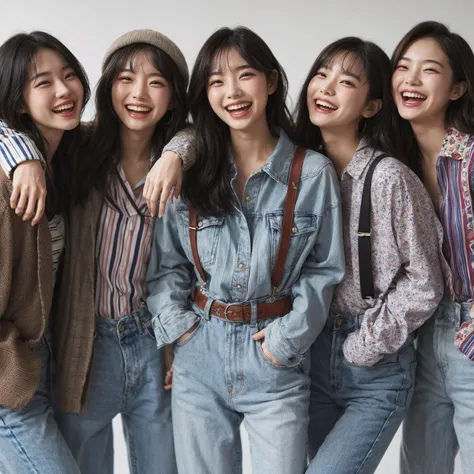 Create a scene featuring a group of five young korean woman enjoying a joyful moment together. They are all standing close, with arms around each other’s shoulders, smiling. The friends are dressed casually in trendy, youthful attire that reflects their in...