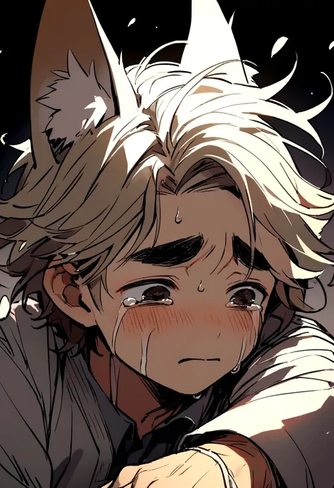 Man, thick eyebrows, handsome, short hair, fox ears, injured, cute, cry