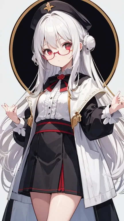 Super delicate white-haired cute girl 1 girl, Small Breasts, Long hair, curls, Red Eye, Wearing glasses , Researcher , Looking at the audience