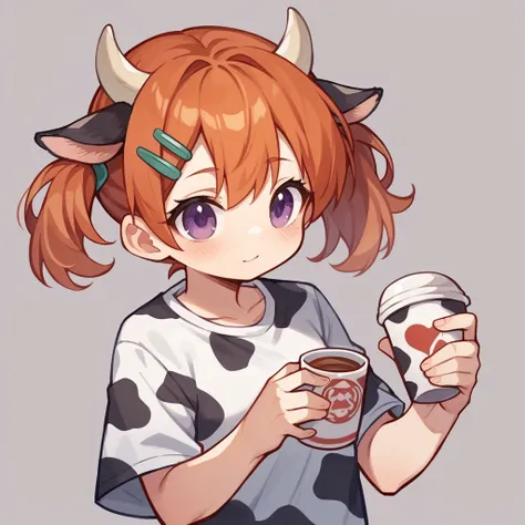 "cute, cute,1 girl, short twin tails, redhead, purple eyes,  cow motif、her outfit is fluffy and soft., comes with hair clips and...