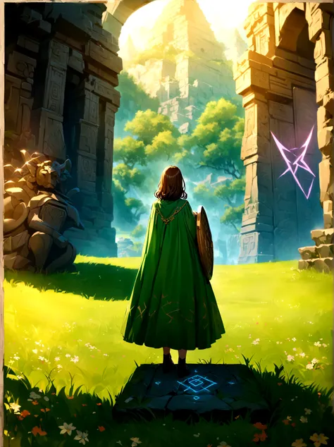 Adventurer princess, (green dress:1.2), short brown hair, big eyes, smiling, holding sword and shield, ancient temple, mysterious maze, mysterious runes, old stone tablet, green grass, (flowers:1.1), magical elements, flying dragon, mysterious creatures, c...