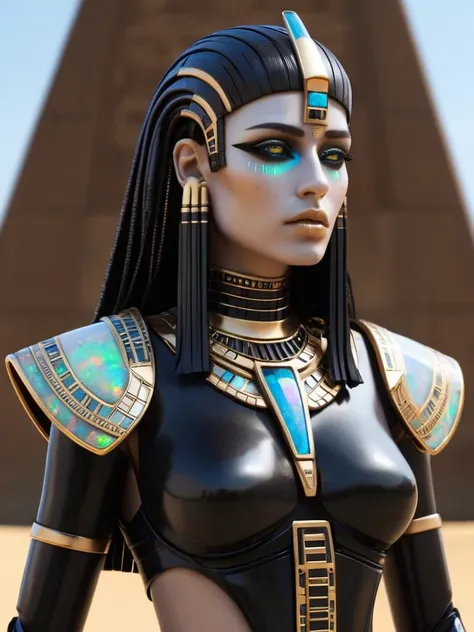 ral-opal, meahophontron, whole body, Woman robot face, futuristic cyberpunk, bust, cleopatra of egypt theme, Egypt background, demonic environment, black clothes, pose frontal