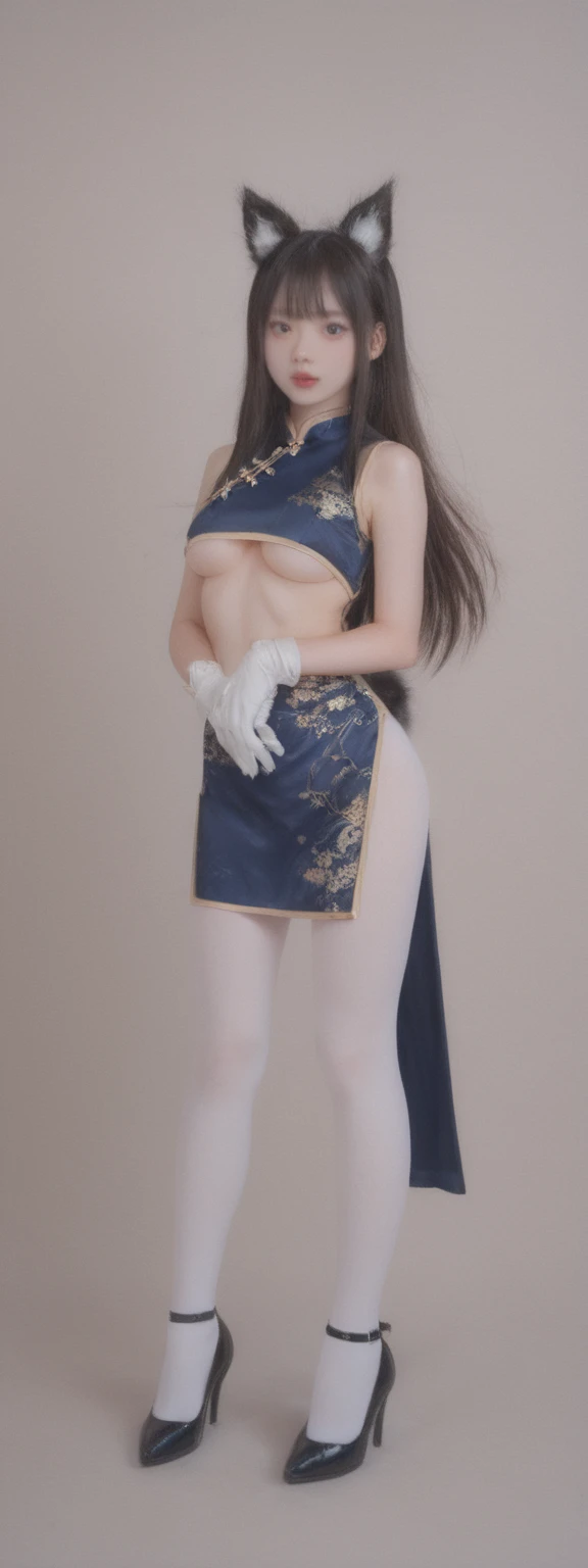 realistic,score_9, score_8_up, score_7_up, 
1girl, (upper body:1.5), solo, long hair, gloves, dress, animal ears, standing, tail,  gloves, high heels, chinese clothes, footwear, china dress, white pantyhose, from front, UnderBoob,Body socks