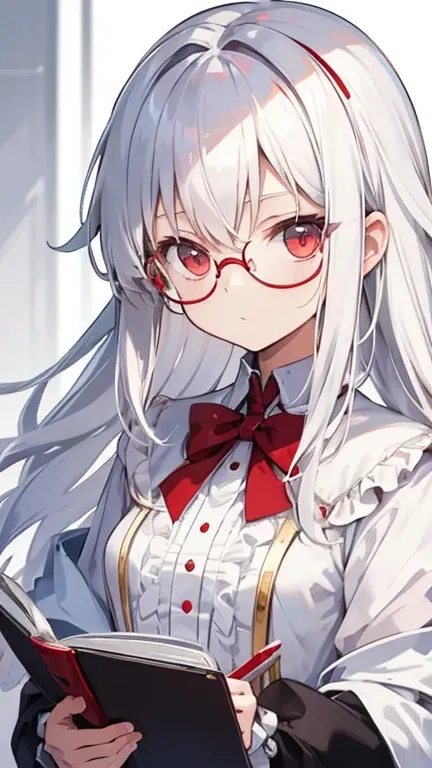 Super delicate white-haired cute girl 1 girl, Small Breasts, Long hair, curls, Red Eye, Wearing glasses , Researcher ,taking notes 