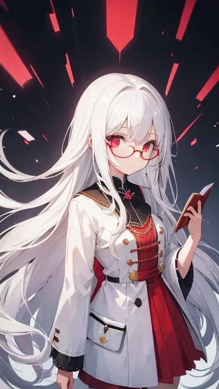 Super delicate white-haired cute girl 1 girl, Small Breasts, Long hair, curls, Red Eye, Wearing glasses , Researcher ,taking notes 