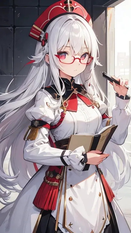 Super delicate white-haired cute girl 1 girl, Small Breasts, Long hair, curls, Red Eye, Wearing glasses , Researcher ,taking notes 