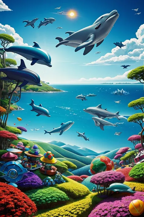 LSD landscape with robot smoking marijuana and flying dolphins