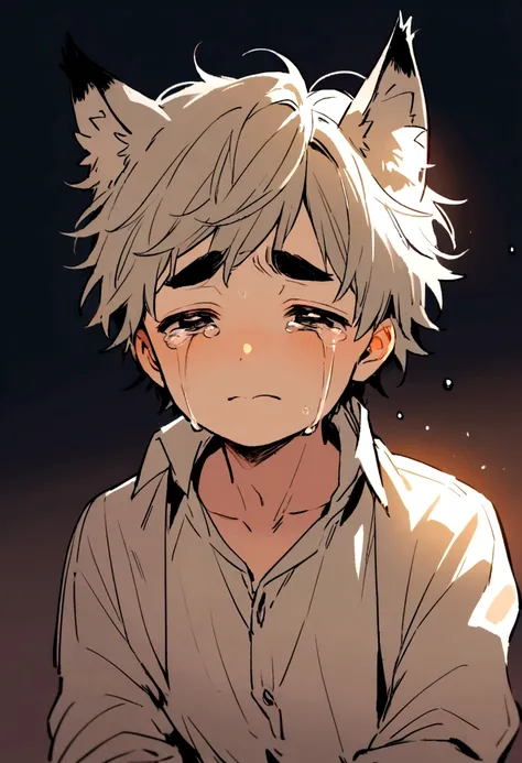 Man, thick eyebrows, handsome, short hair, fox ears, injured, cute, cry