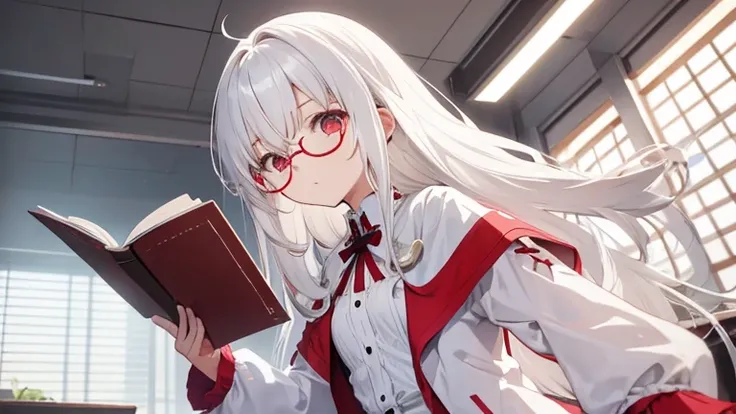 Super delicate white-haired cute girl 1 girl, Small Breasts, Long hair, curls, Red Eye, Wearing glasses , Researcher ,taking notes