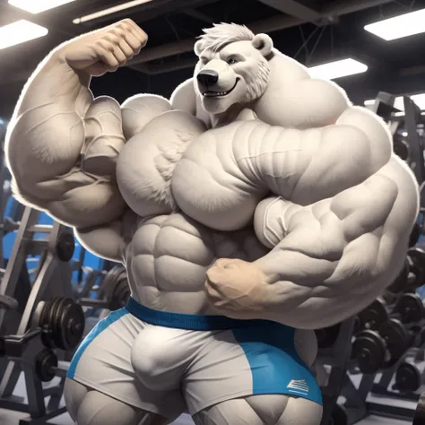 solo, 1boy, perfect anatomy, (furry white bears, polar bear) perfect proportion, snow, grin, big eyes, wide chest, bulky, bulk, bulge, happy. Huge Muscular Old man with short hair flexing his huge body,(white shorts), view from side, pectoral, thick arms, ...