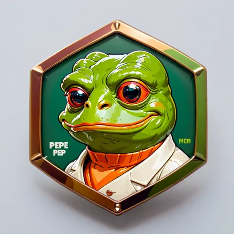 a hexagonal badge of a pepe from mem pepe, humor style, vector, best quality, metal lining