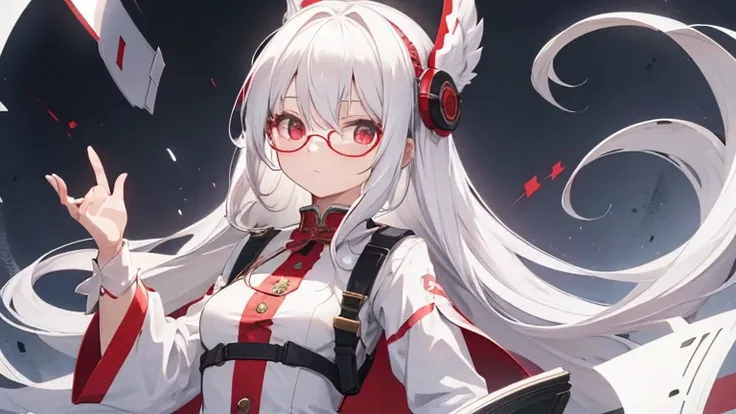 Super delicate white-haired cute girl 1 girl, Small Breasts, Long hair, curls, Red Eye, Wearing glasses , Researcher ,medicament