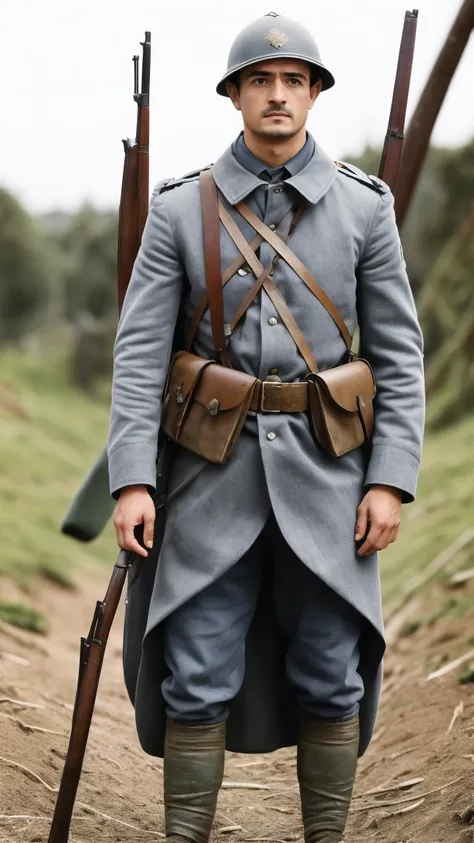 (masterpiece), best quality, expressive eyes, perfect face, All quiet on western Front, man, trenches, dirty, uniform, realistic, HD, Rifle, Orlando Bloom, big bag, French army, regiment, France, defending position, pov, Far view