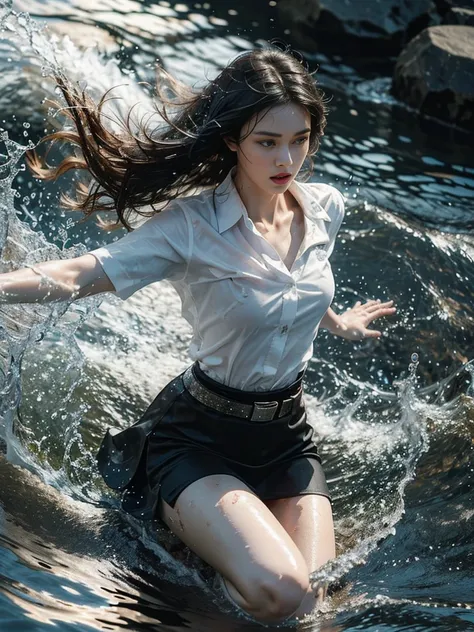 18s woman in thai university uniform, very beautiful, pretty, wet long straight hair, white wet plain short-sleeve button up shi...