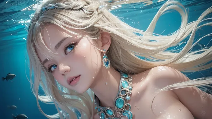 （Highest Quality Realistic Textured Skin),(terrible),(OK, round, Symmetrical eyes),Delicate facial features,(Burning bright cold eyes),(She has a mischievous smile),(Her face is kind and beautiful),Glass earrings in the ears,,(blonde),(Silvery white hair),...