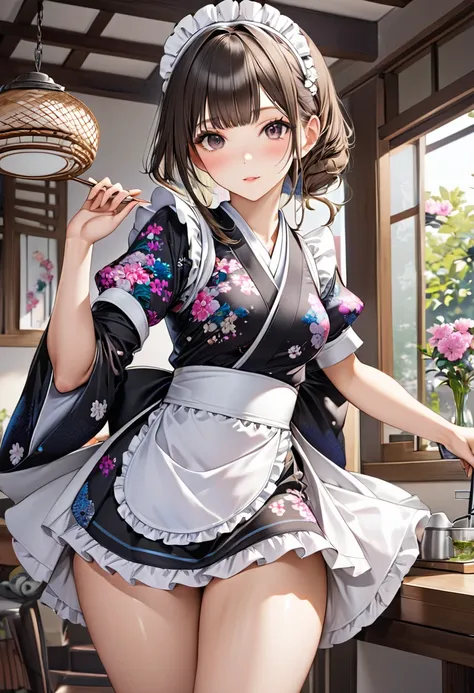 Young beautiful woman,(Highest quality,Extremely detailed depiction,Incredibly absurd high resolution,Anatomically accurate depiction,Nice hands, Perfect Fingers,Curvy Legs)(Japanese style maid),(A gorgeously patterned kimono,Maid clothes,Maid&#39;s Headba...