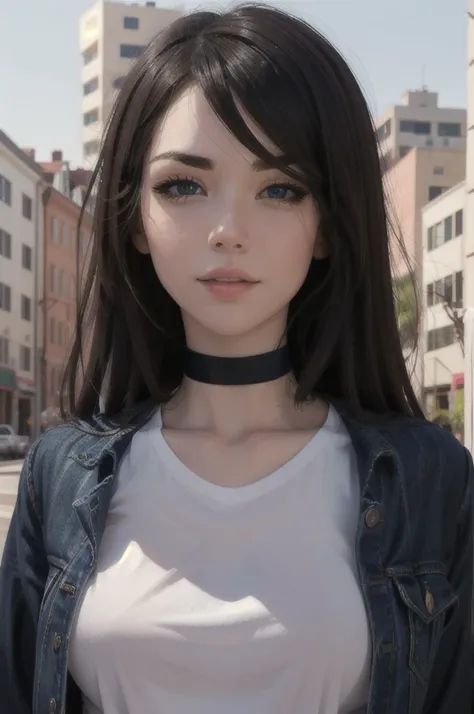 looking at viewer, (portrait, close up:1.2), parted lips,
emilygreyodd, 1girl, lips, black hair, blue eyes, makeup, black choker, jewelry, jean jacket, white shirt, small breasts,
realistic, picturesque, outdoors, backlit, city skyline, depth of field,
