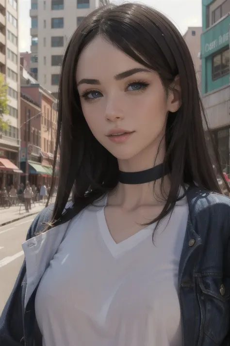 looking at viewer, (portrait, close up:1.2), parted lips,
emilygreyodd, 1girl, lips, black hair, blue eyes, makeup, black choker, jewelry, jean jacket, white shirt, small breasts,
realistic, picturesque, outdoors, backlit, city skyline, depth of field,
