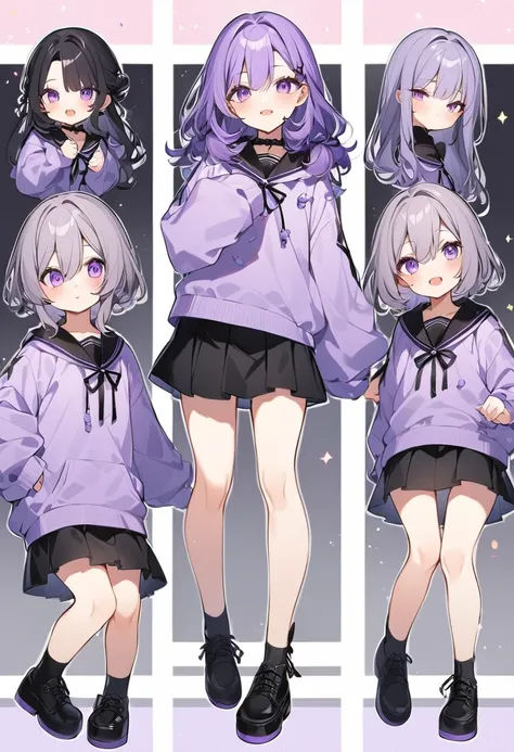 Keito。Purple hoodie。Black Skirt。Purple Eyes。Black Hair。Black shoes下。Black shoes。6 sistery eldest daughter has lavender hair.。all female。Sextuplets