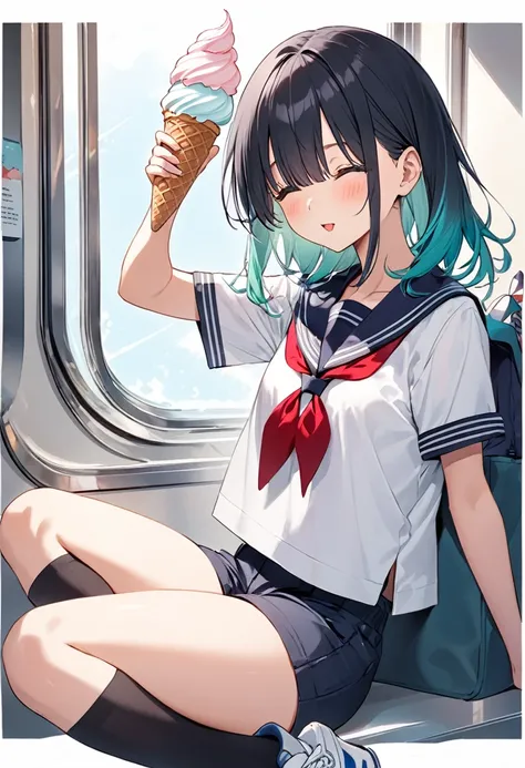 BREAK Perfect Anatomy、(High resolution:1.2)、Incredible illustrations、(Cute illustrations:1.2)、
（Beautiful background（on the train))
 1little girl((multicolored hair,((bangs over eyes)))
1girl((a girl, 1.5meters, 35kg,18 years old female, ((serafuku,border ...