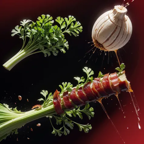 Fresh celery and parsley leaves, bacon slices and black peppercorns in mid-air on a vibrant red background, chaotic explosion, cinematic lighting, UHD, 8k