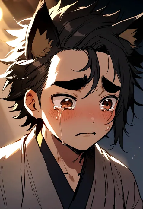 Man, thick eyebrows, handsome, short hair, fox ears, injured, cute, cry, Shinazugawa Genya