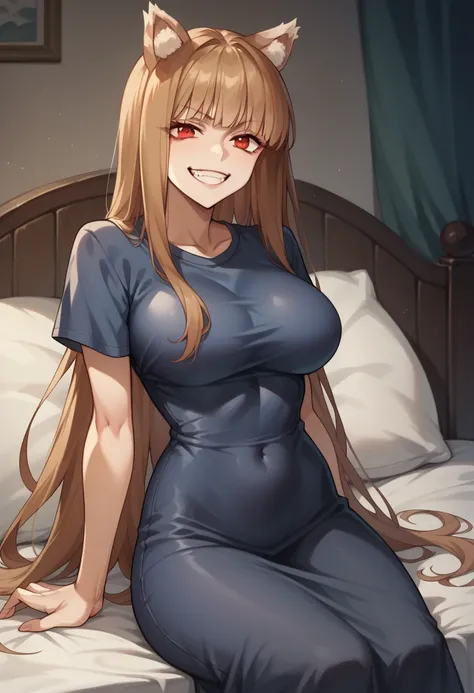 ((masterpiece)), (Highest quality), (detailed), (1 Girl),,Red eyes,Light brown hair、Long Hair、Wolf Ears、,bed、Large Breasts、Grin、T-Shirts(tight)Maxi dress