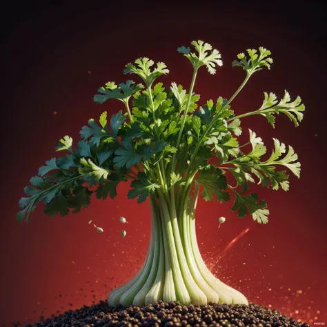 Fresh celery and parsley leaves, meat and black peppercorns in mid-air on a vibrant red background, chaotic explosion, cinematic lighting, UHD, 8k