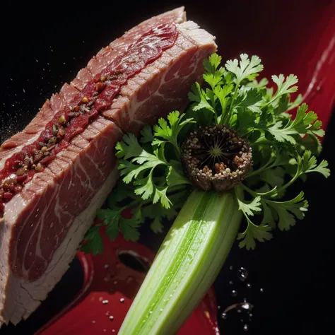 Fresh celery and parsley leaves, meat and black peppercorns in mid-air on a vibrant red background, chaotic explosion, cinematic lighting, UHD, 8k