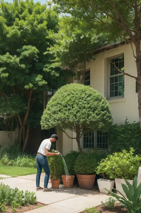 Environment trees plants and humans watering them
